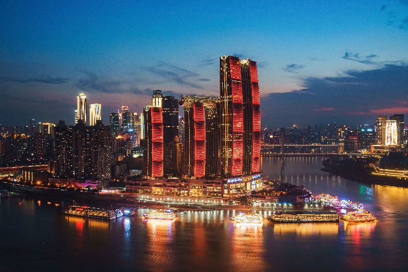 Ciudad costera China atardecer